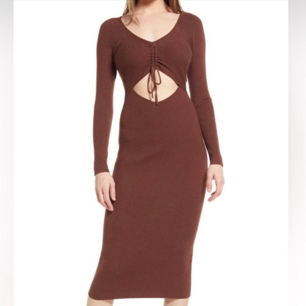 All in Favor Gathered Front Cutout Long Sleeve Rib Midi Dress Sz S
